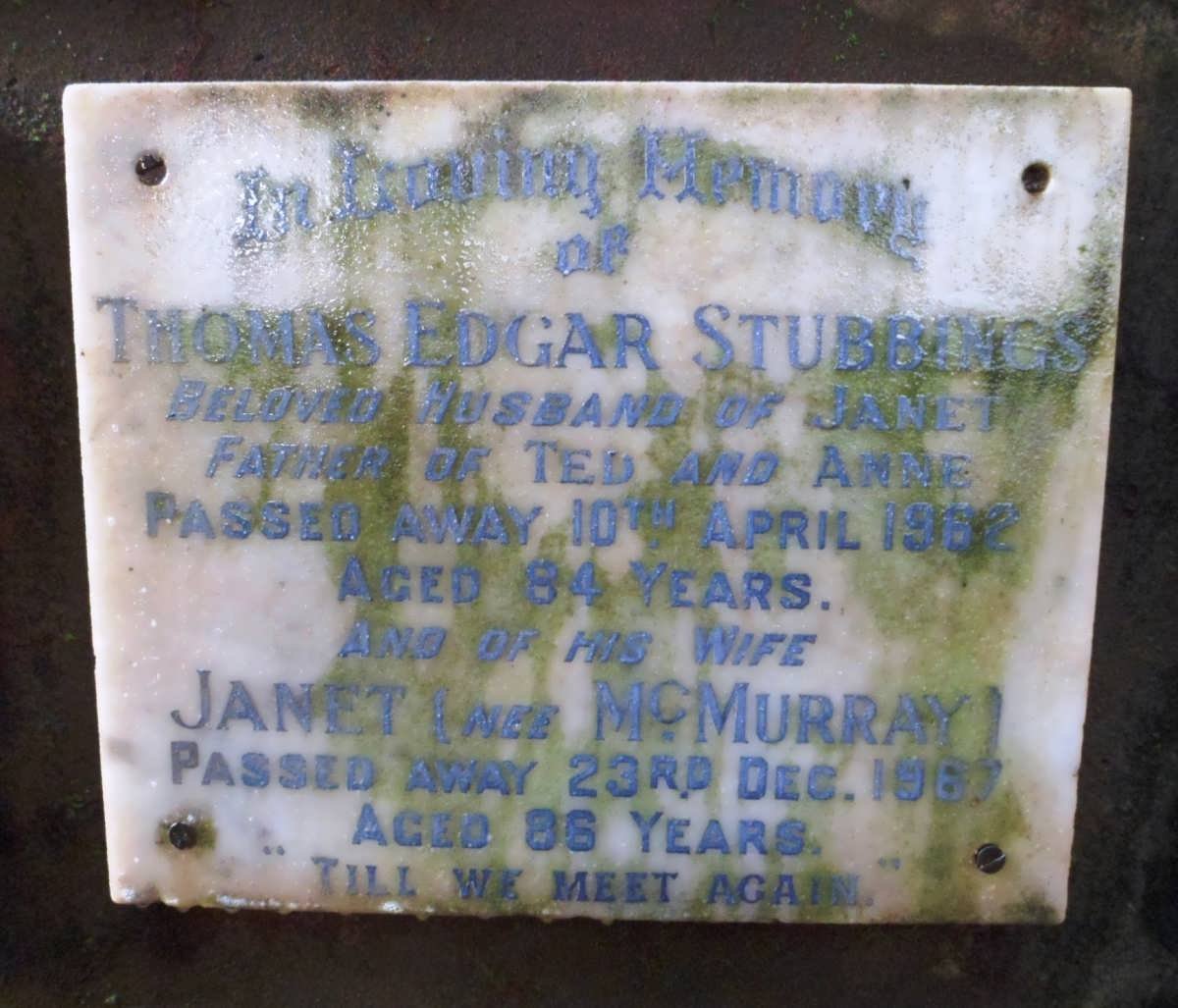 STUBBINGS Thomas Edgar -1962 &amp; Janet McMURRAY -1967