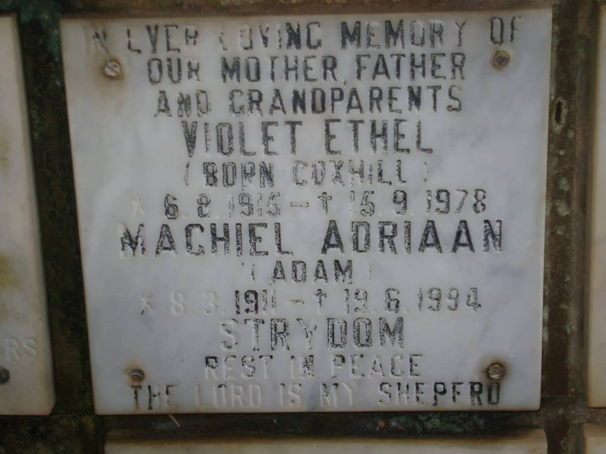 STRYDOM Machiel Adriaan 1911-1994 &amp; Violet Ethel COXHILL 1915-1978