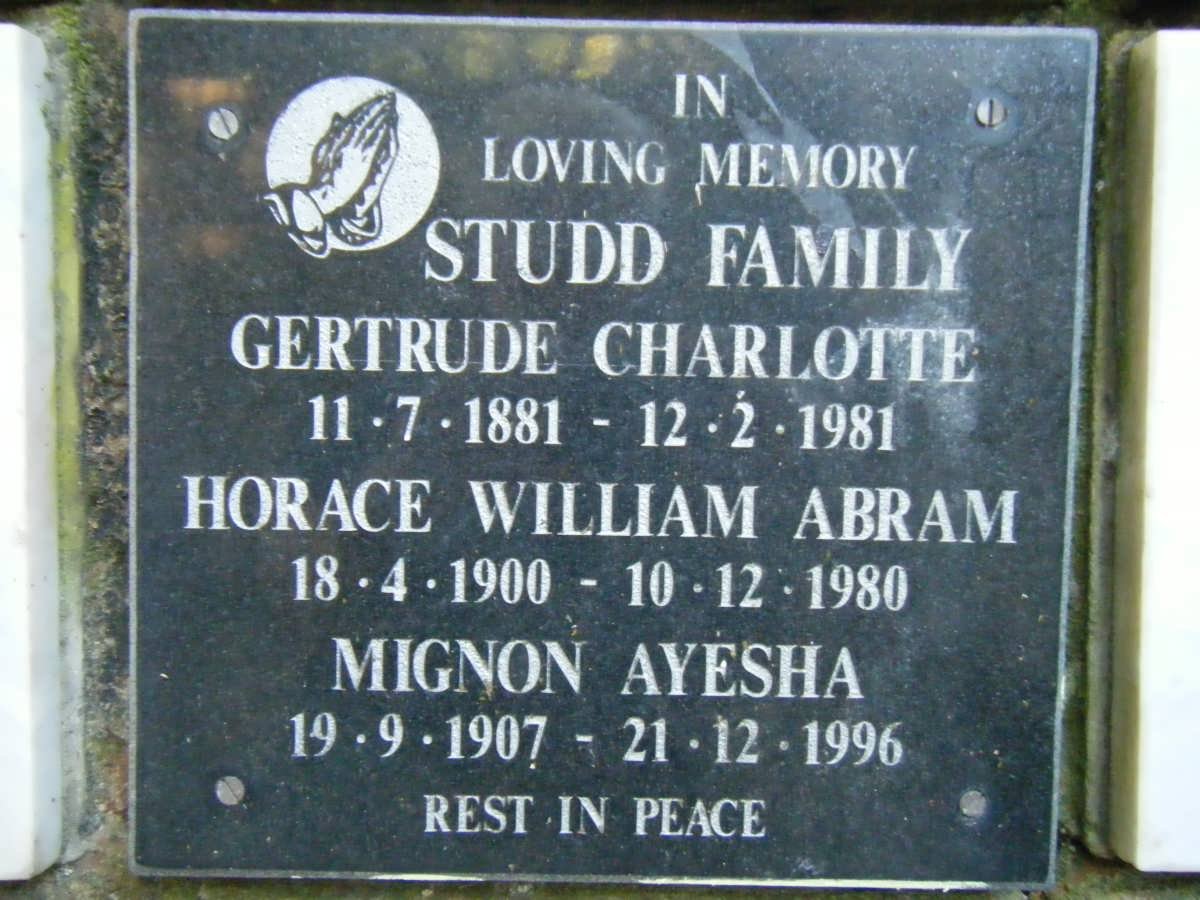 STUDD Gertrude Charlotte 1881-1981 :: STUDD Horace William Abram 1900-1980 :: STUDD Mignon Ayesha 1907-1996