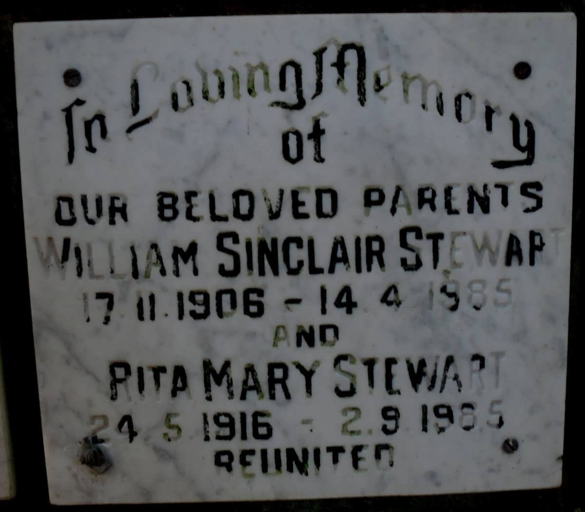 STEWART William Sinclair 1906-1985 &amp; Rita Mary 1916-1985