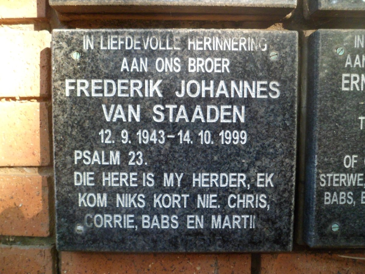 STAADEN Frederik Johannes, van 1943-1999
