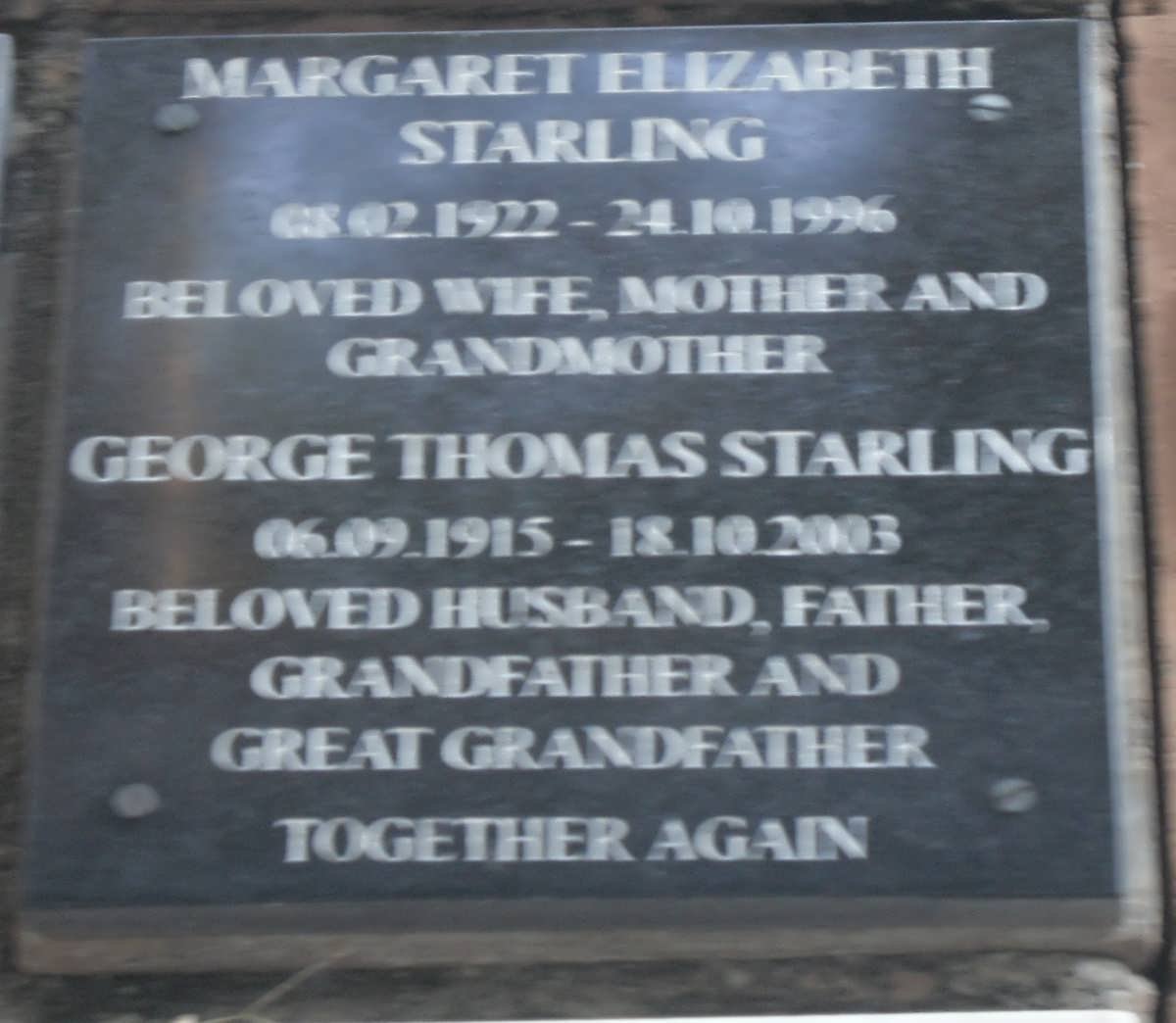 STARLING George Thomas 1915-2003 &amp; Margaret Elizabeth 1922-1996