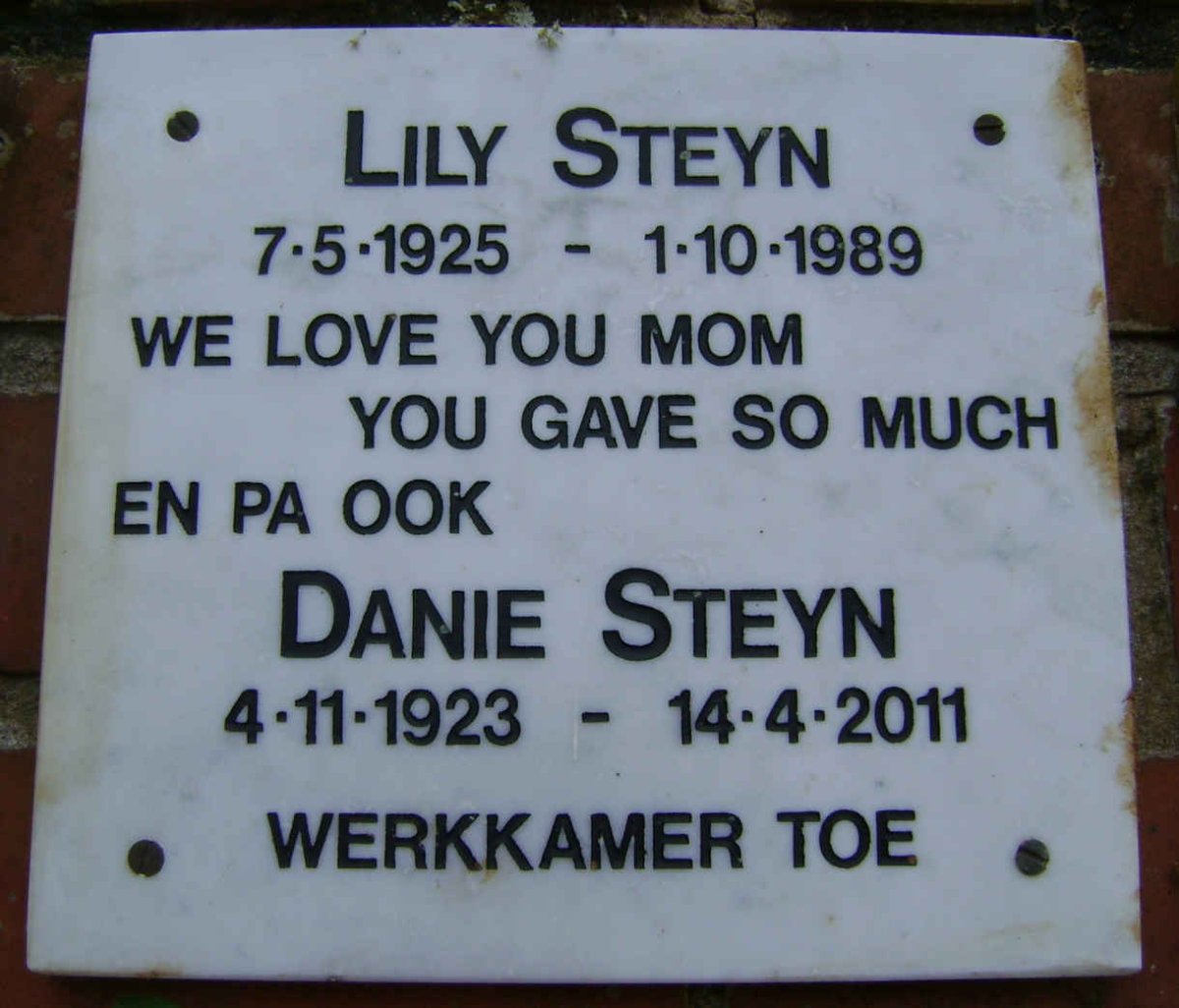 STEYN Danie 1923-2011 &amp; Lily 1925-1989