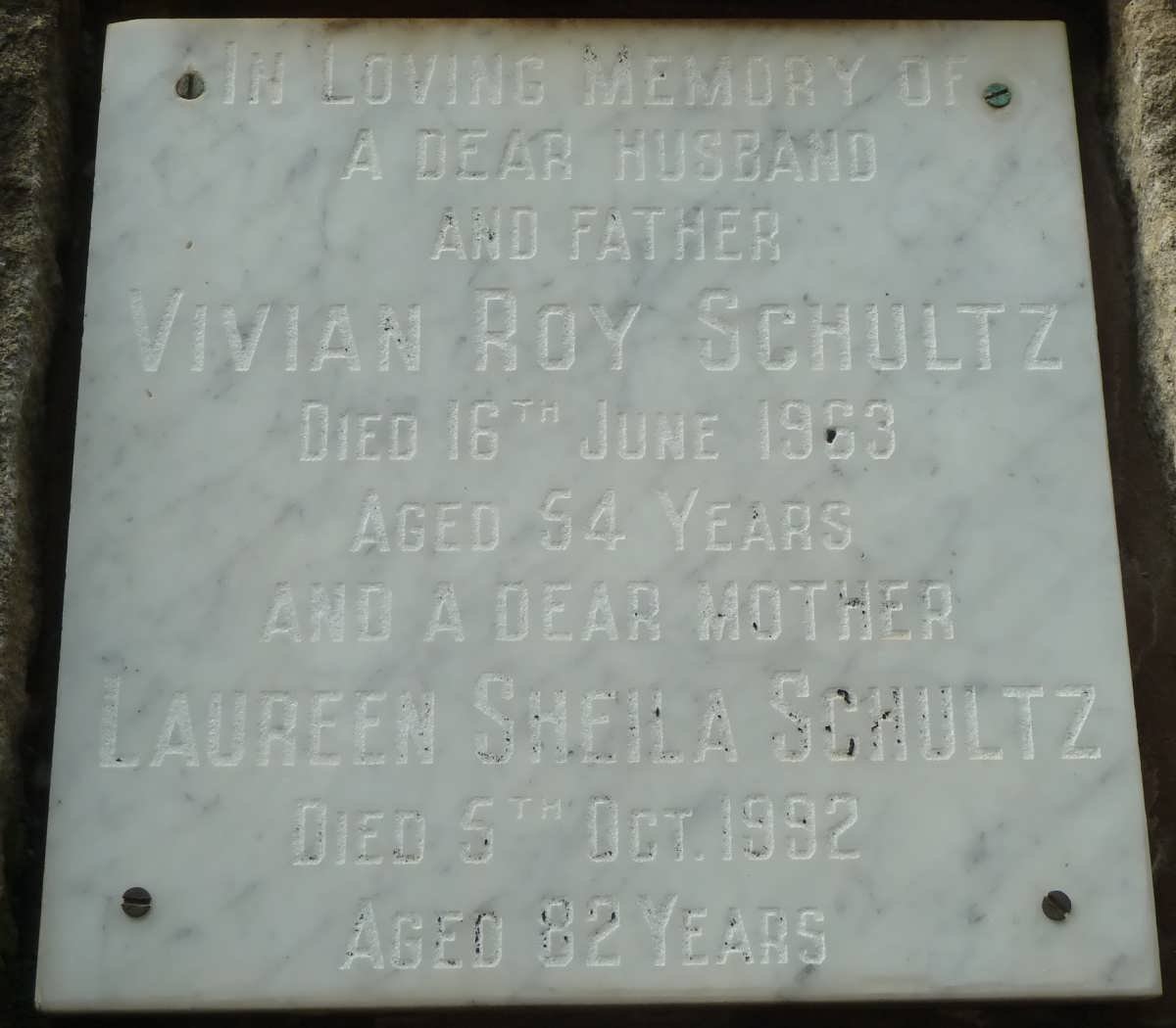SCHULTZ Vivian Roy -1963 &amp; Laureen Sheila -1992