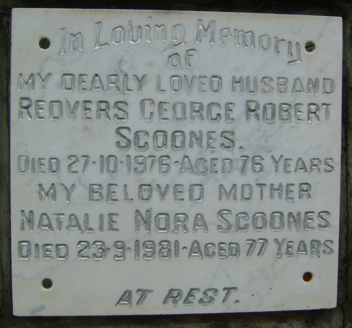 SCOONES Redvers George Robert -1976 &amp; Natalie Nora -1981