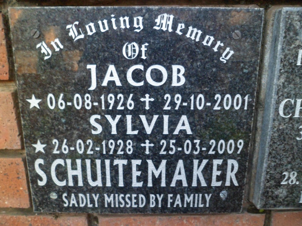 SCHUITEMAKER Jacob 1926-2001 &amp; Sylvia 1928-2009