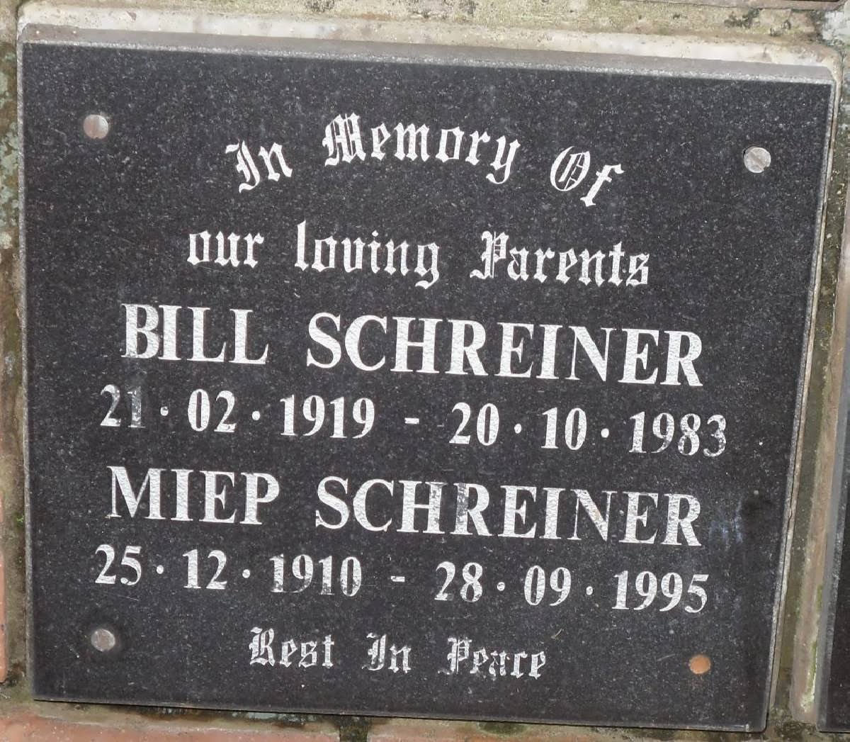 SCHREINER Bill 1919-1983 &amp; Miep 1910-1995