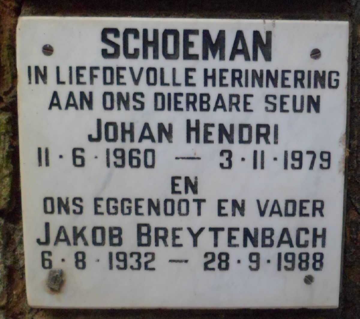 SCHOEMAN Jakob Breytenbach 1932-1988 :: SCHOEMAN Johan Hendri 1960-1979