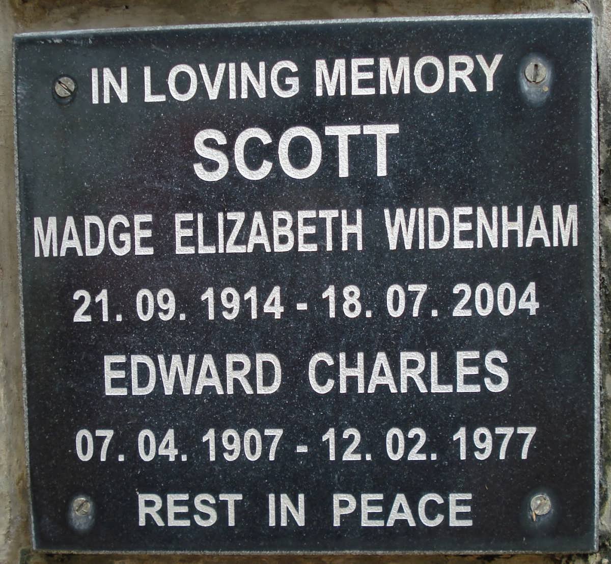 SCOTT Edward Charles 1907-1977 &amp; Madge Elizabeth Widenham 1914-2004