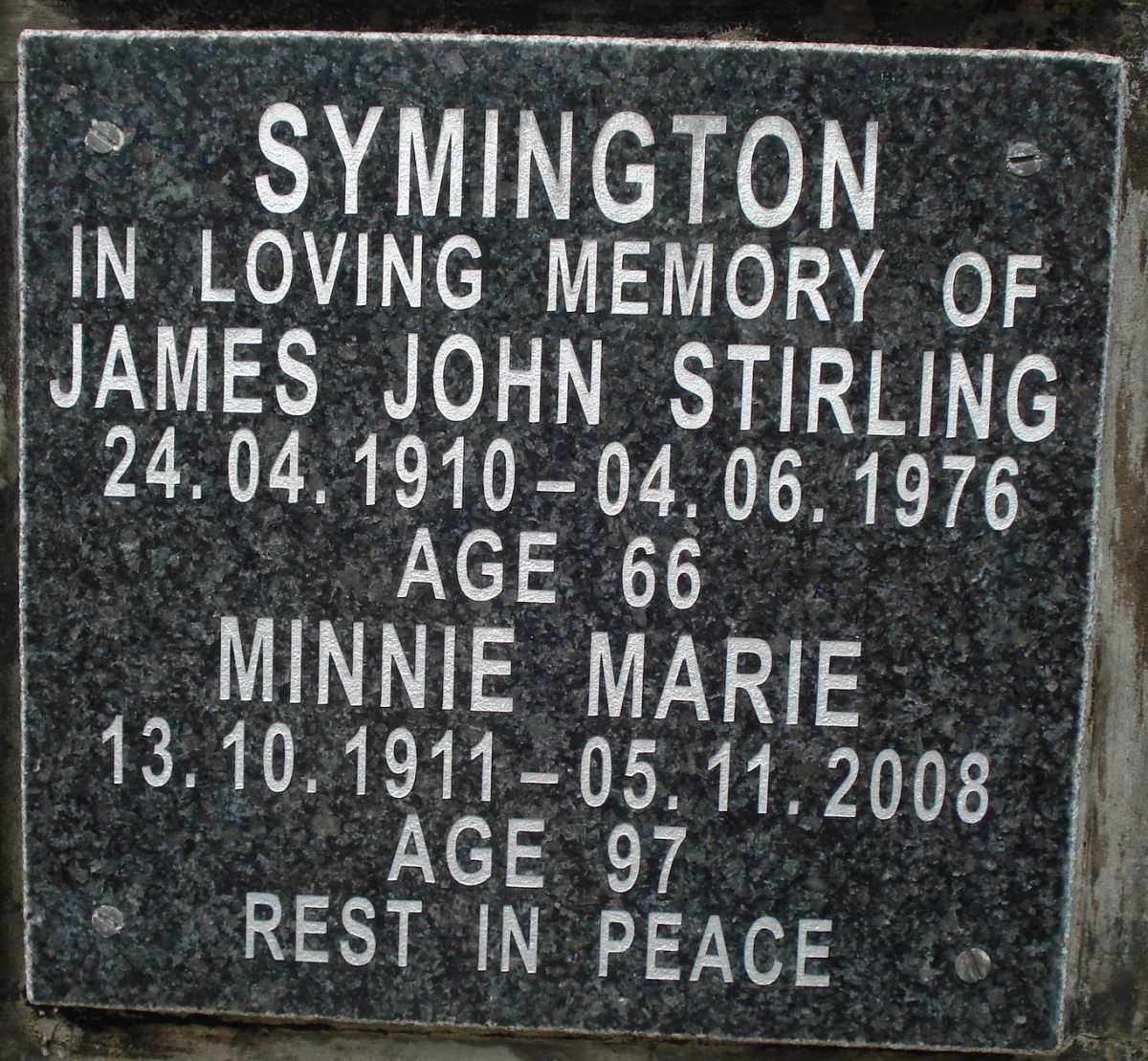 SYMINGTON James John Stirling 1910-1976 &amp; Minnie Marie 1911-2008