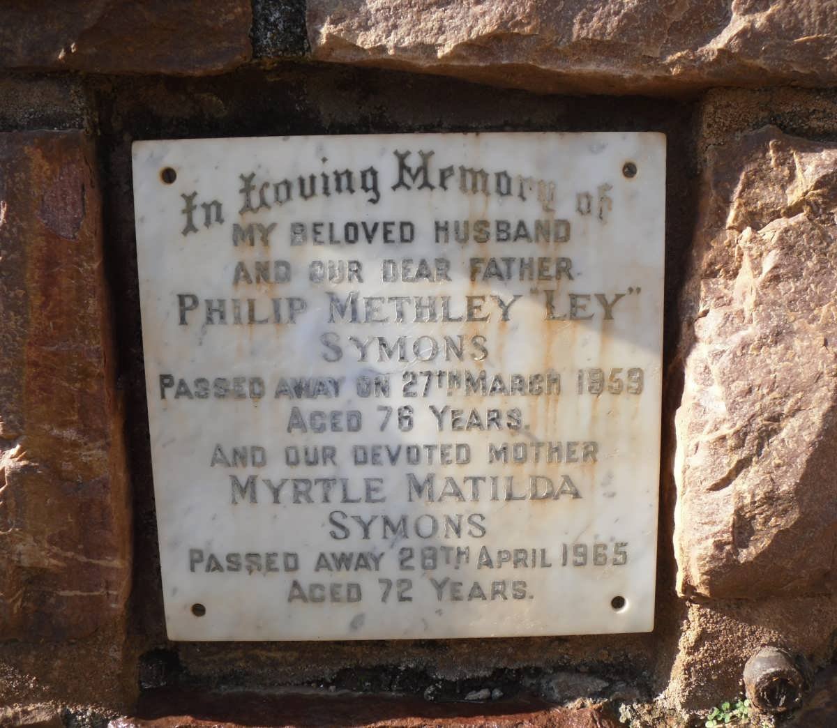SYMONS Philip Methley -1959 &amp; Myrtle Matilda -1965