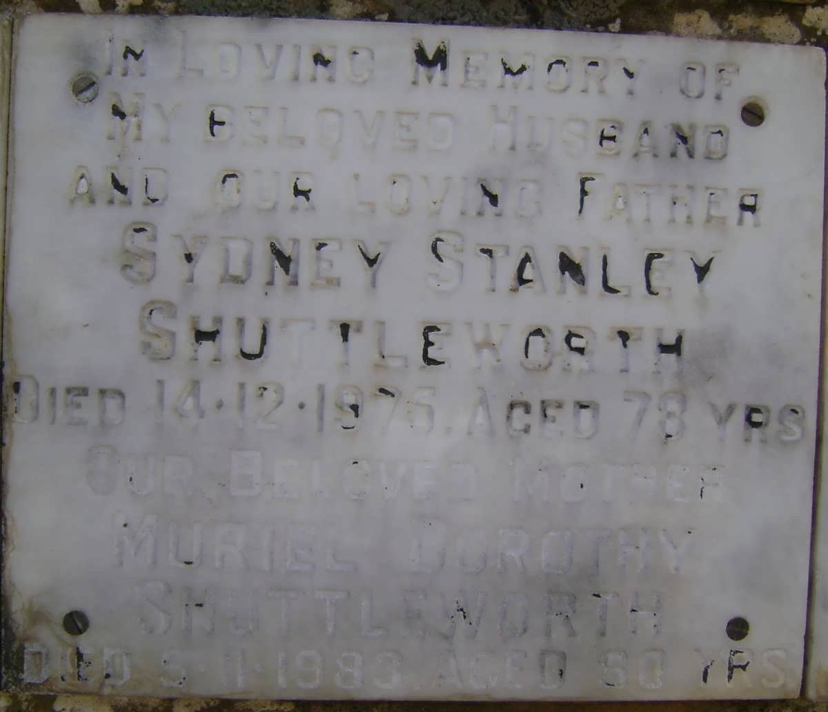 SHUTTLEWORTH Sydney Stanley -1976 &amp; Muriel Dorothy -1983