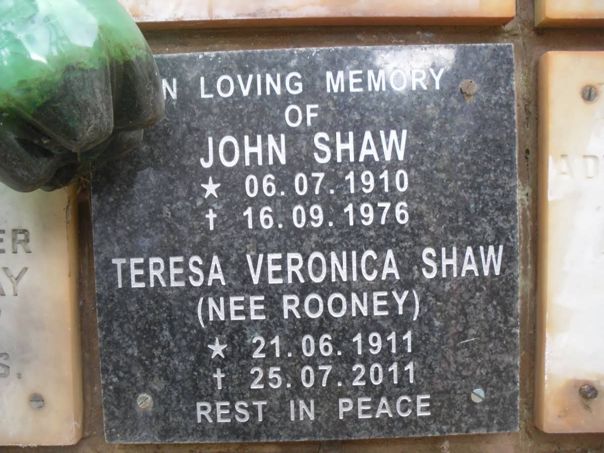 SHAW John 1910-1976 &amp; Teresa Veronica ROONEY 1911-2011
