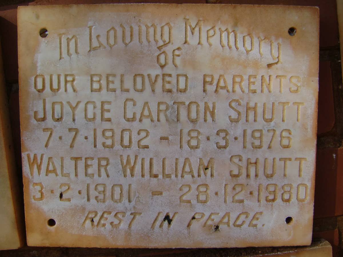 SHUTT Walter William 1901-1980 &amp; Joyce Carton 1902-1976