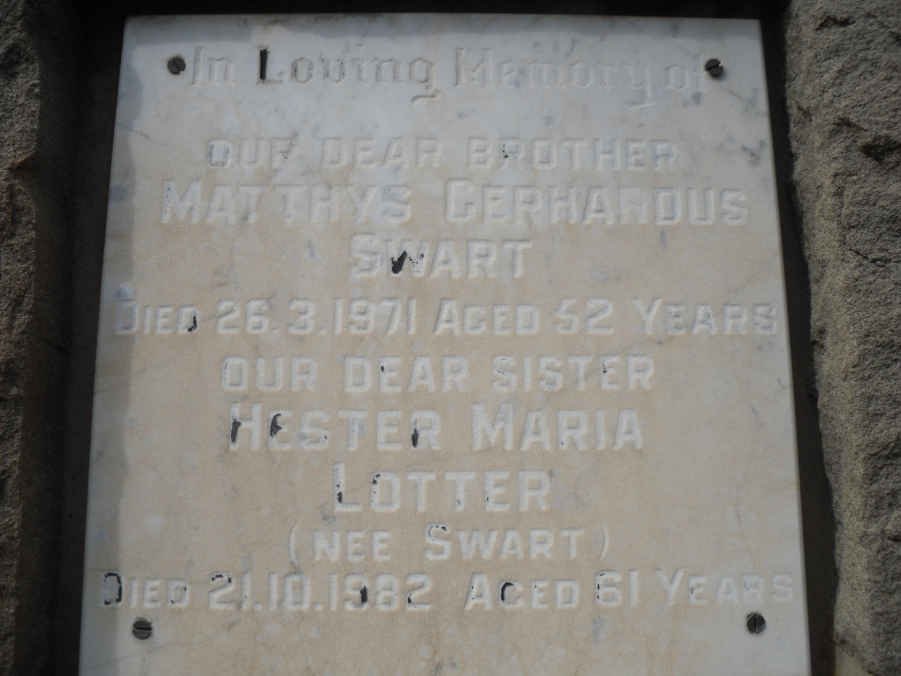 SWART Matthys Gerhardus -1971 :: LOTTER Hester Maria nee SWART -1982