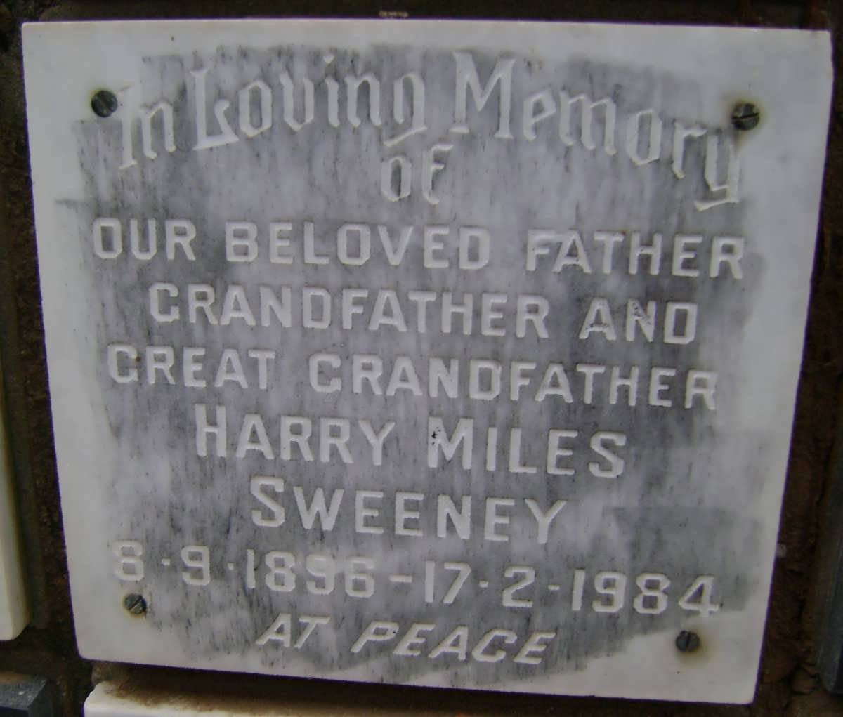 SWEENEY Harry Miles 1896-1984
