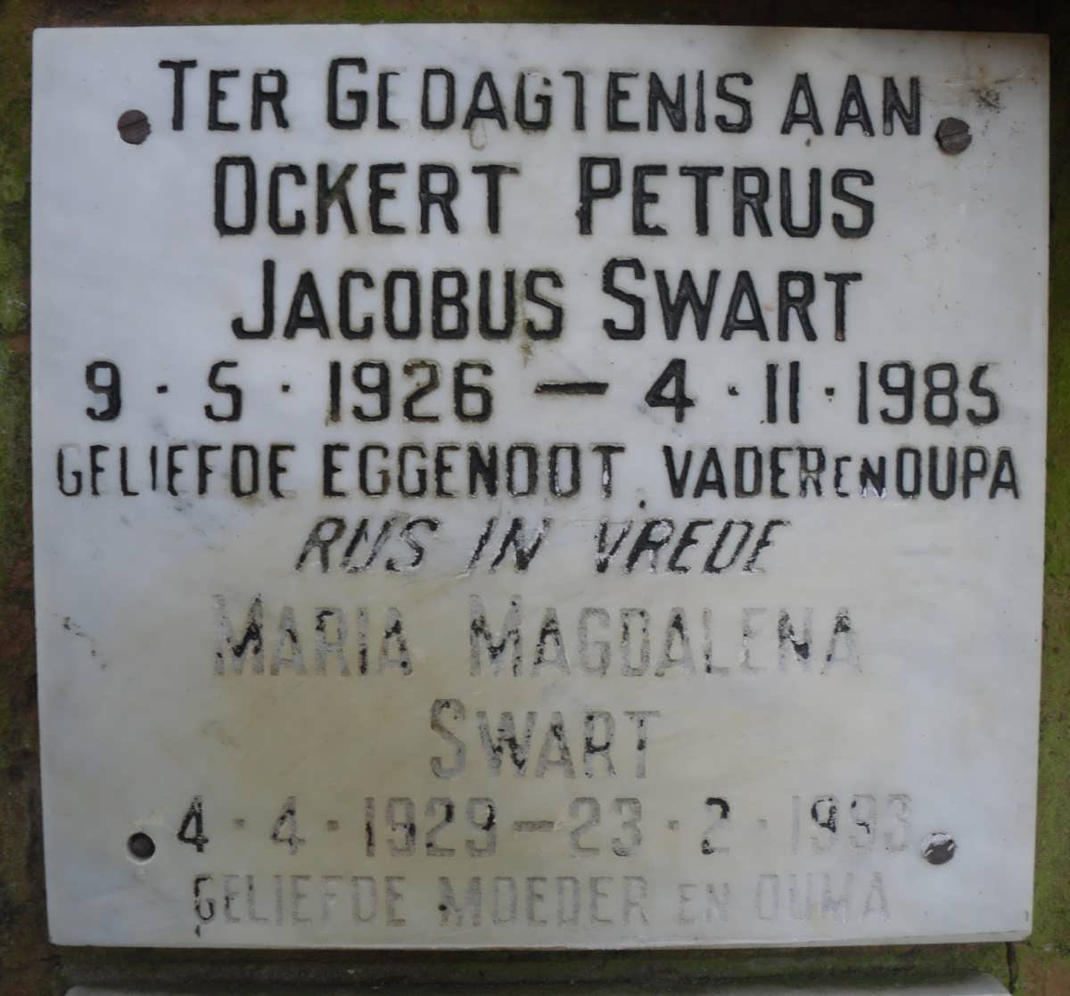 SWART Ockert Petrus Jacobus 1926-1985 &amp; Maria Magdalena 1929-1993