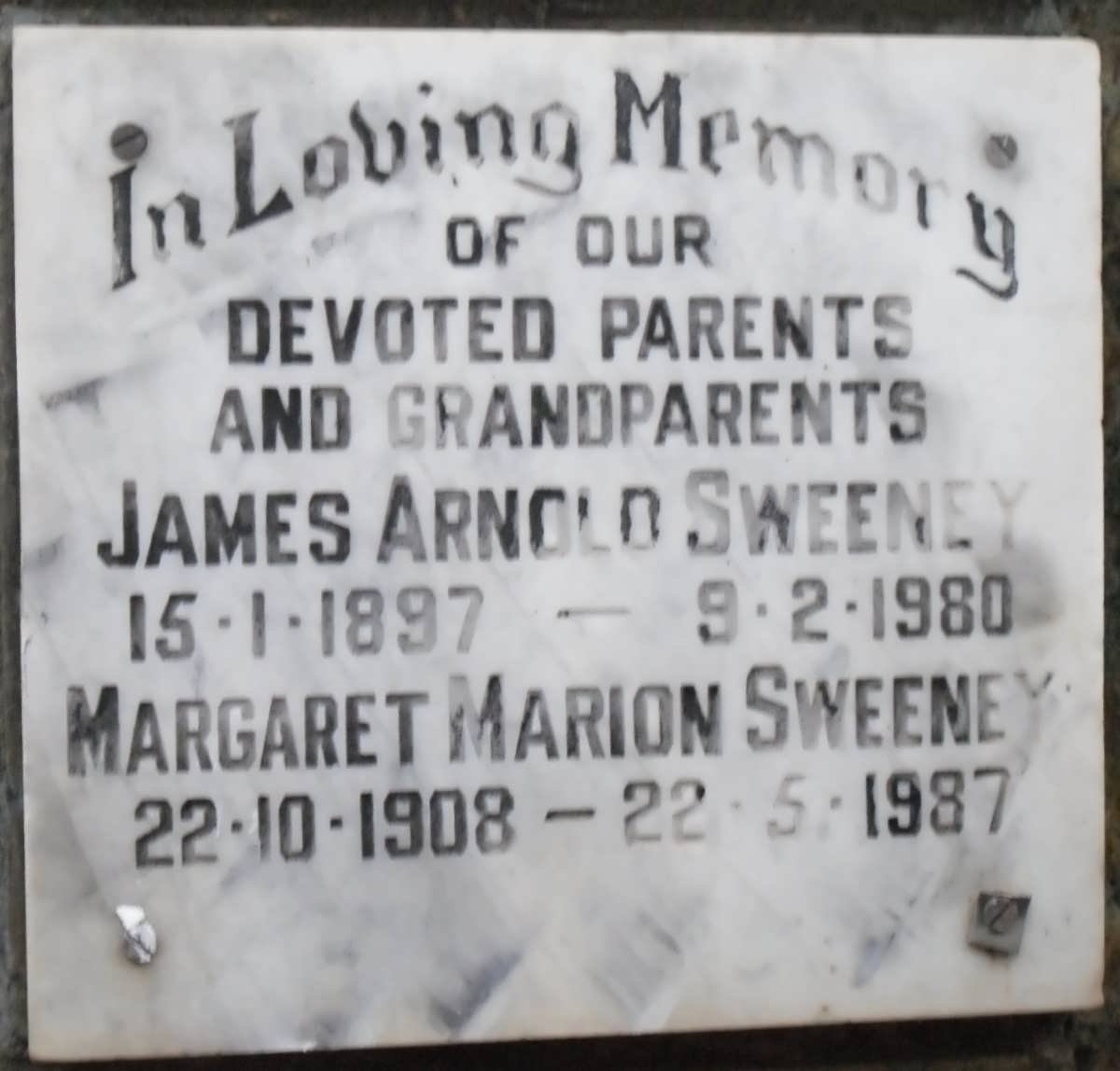 SWEENEY James Arnold 1897-1980 &amp; Margaret Marion 1908-1987