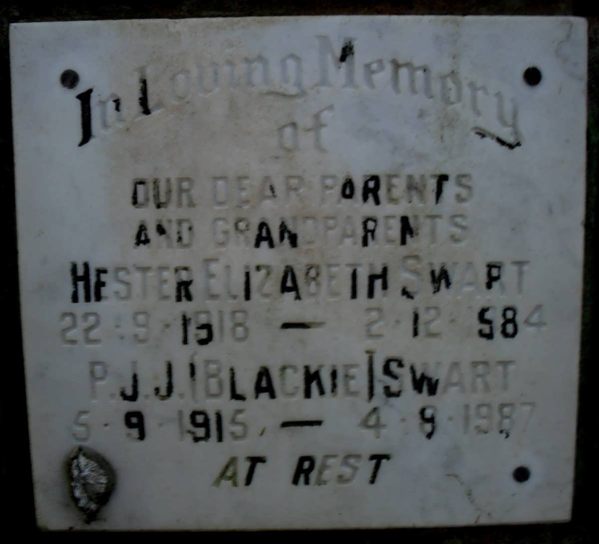 SWART P.J.J. 1915-1987 &amp; Hester Elizabeth 1918-1984
