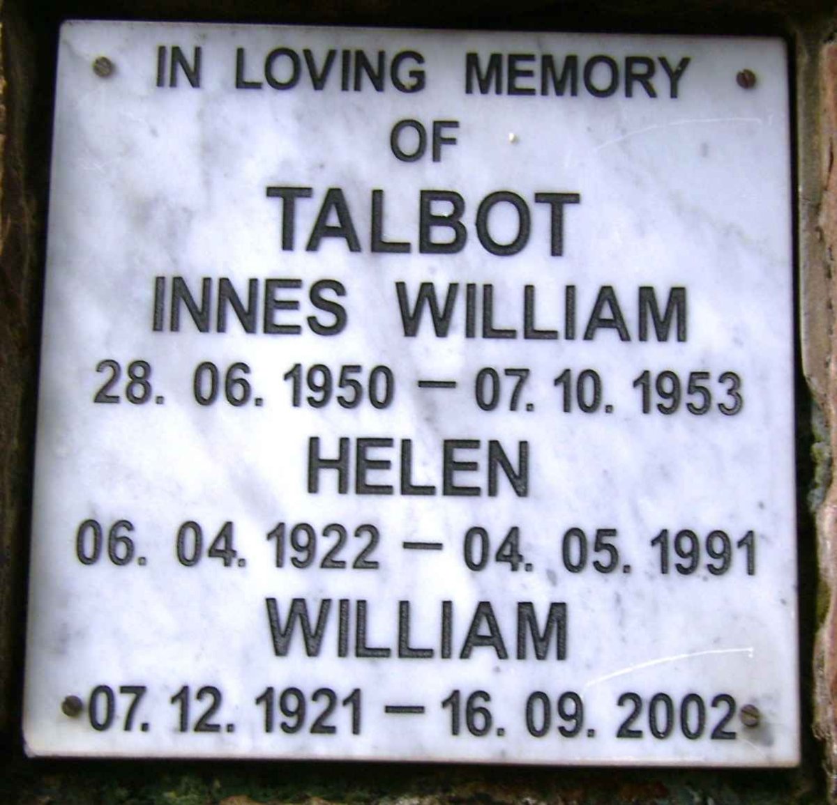 TALBOT William 1921-2002 &amp; Helen 1922-1991 :: TALBOT Innes William 1950-1953