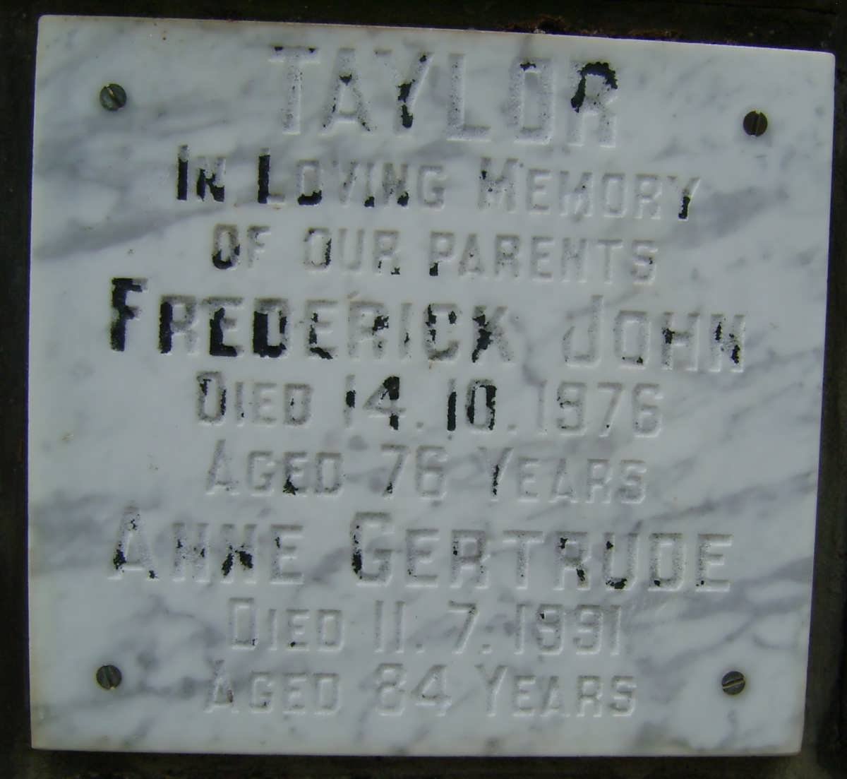 TAYLOR Frederick John -1976 &amp; Anne Gertrude -1991