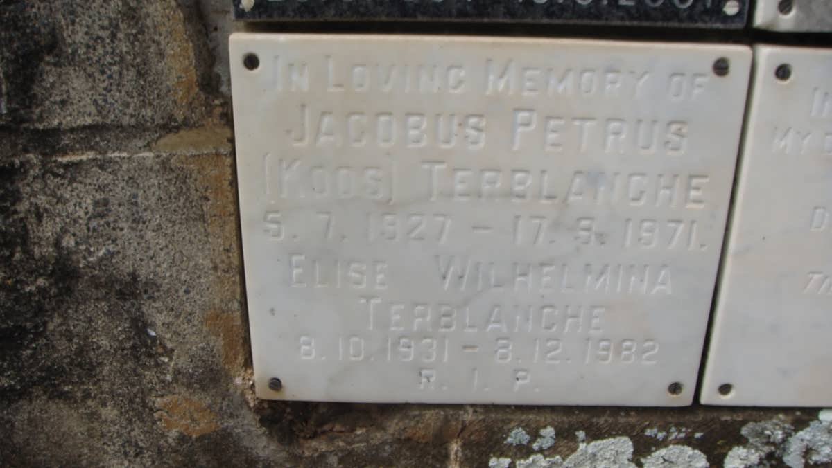 TERBLANCHE Jacobus Petrus 1927-1971 &amp; Elise Wilhelmina 1931-1982