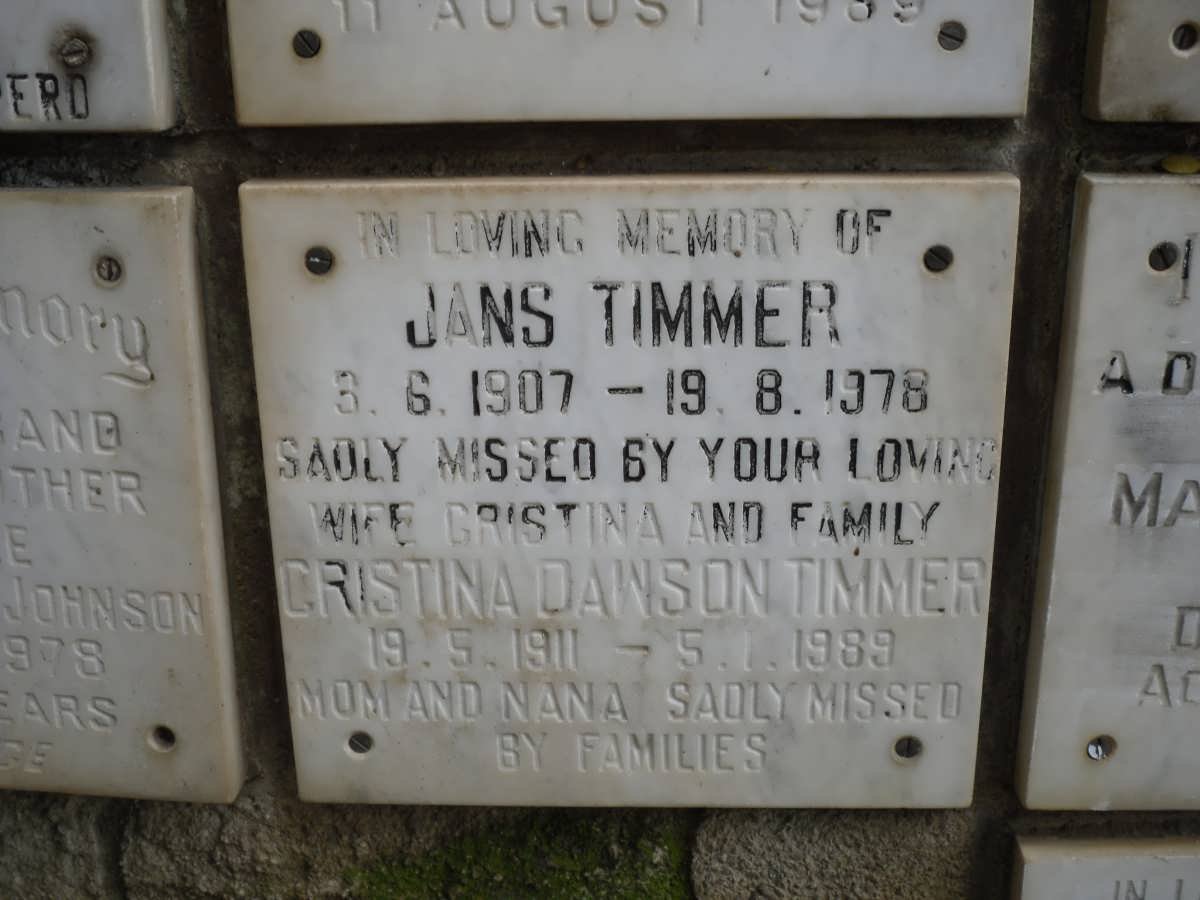 TIMMER Jans 1907-1978 &amp; Christina Dawson 1911-1987