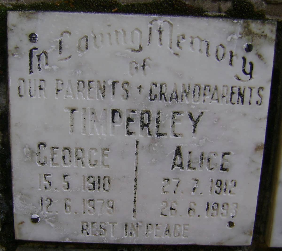 TIMPERLEY George 1910-1979 &amp; Alice 1912-1993