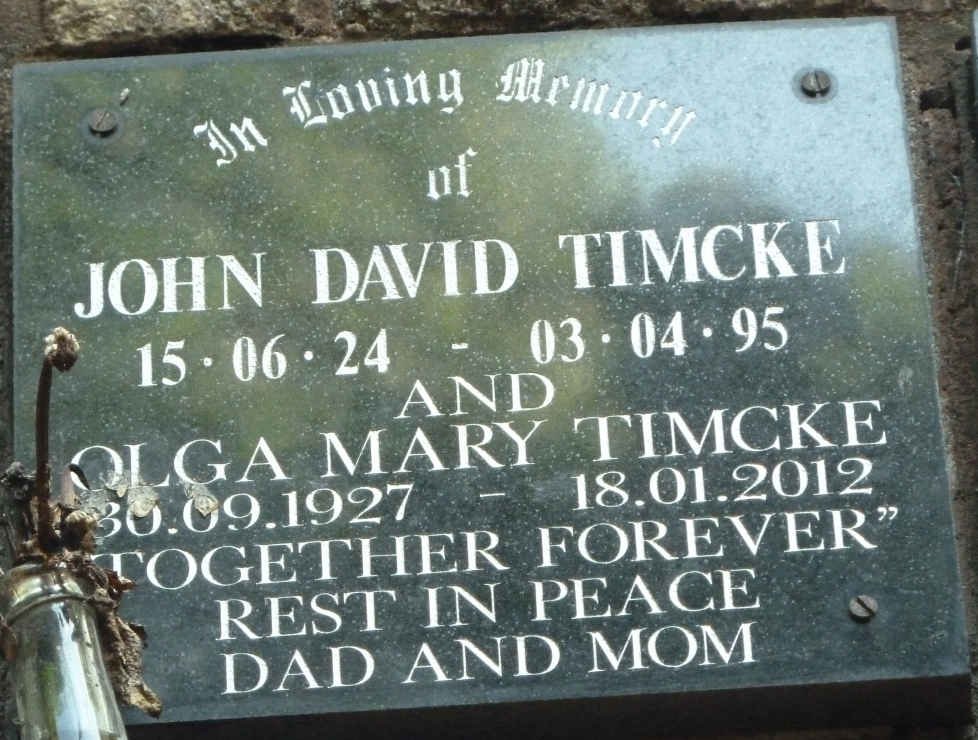 TIMCKE John David 1924-1995 &amp; Olga Mary 1927-2012
