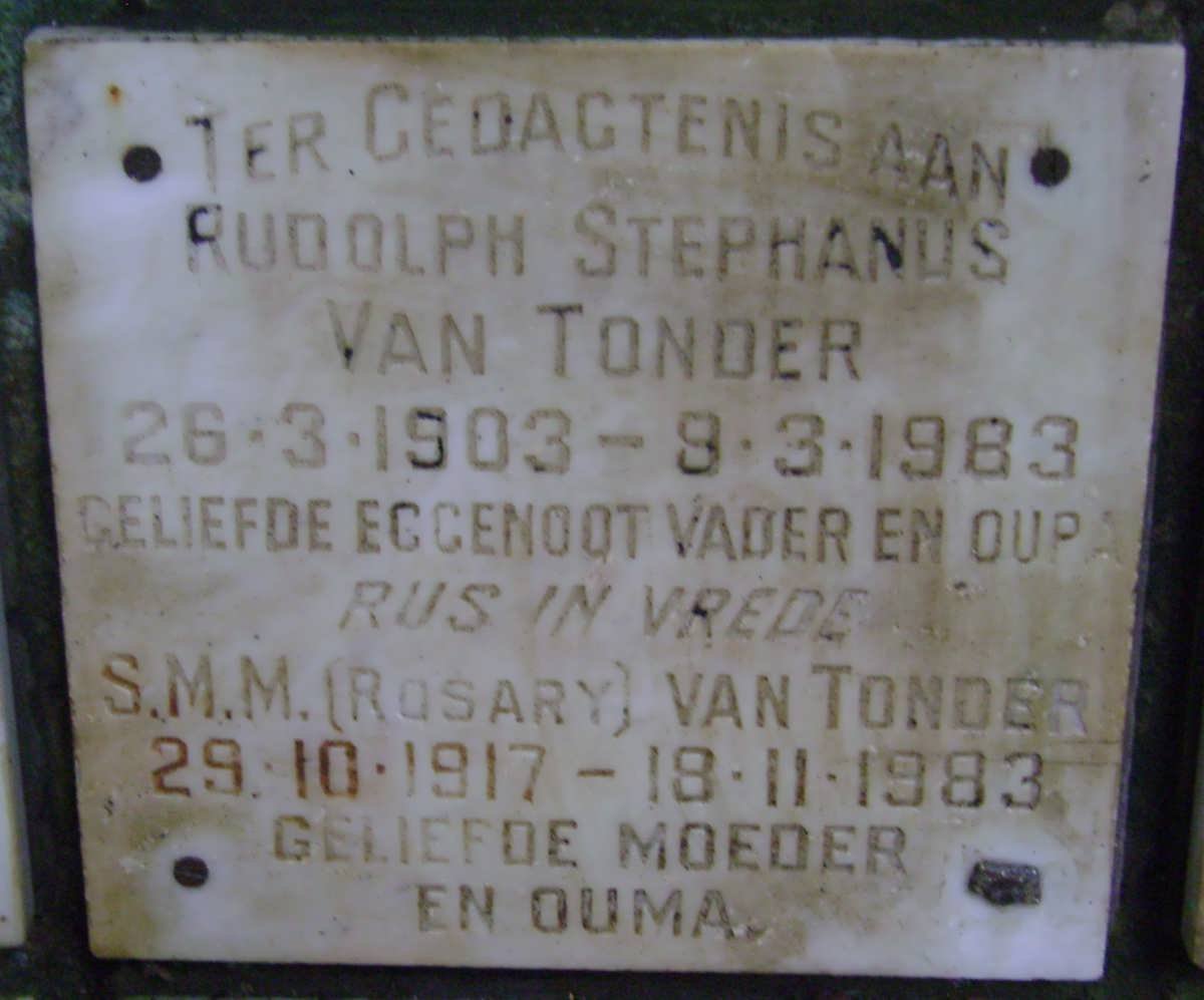 TONDER Rudolph Stephanus, van 1903-1983 &amp; S.M.M. 1917-1983