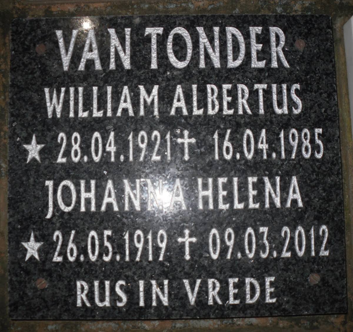 TONDER William Albertus, van 1921-1985 &amp; Johanna Helena 1919-2012