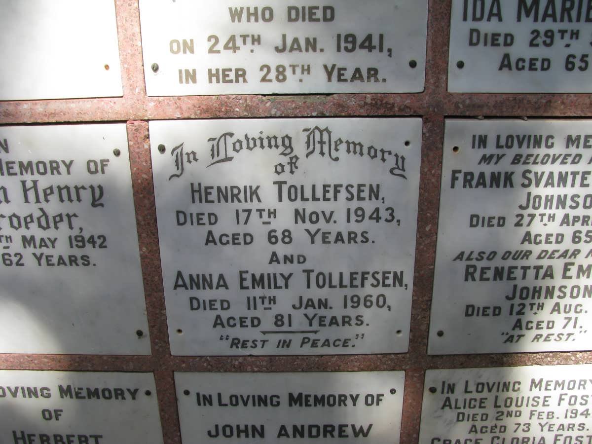 TOLLEFSEN Hendrik -1943 &amp; Anna Emily -1960