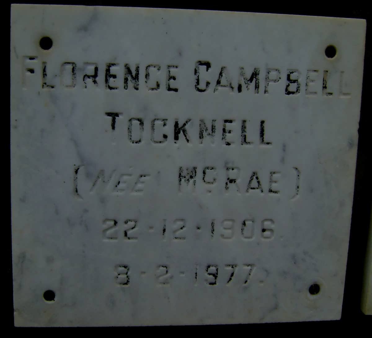 TOCKNELL Florence Campbell nee McRAE 1906-1977