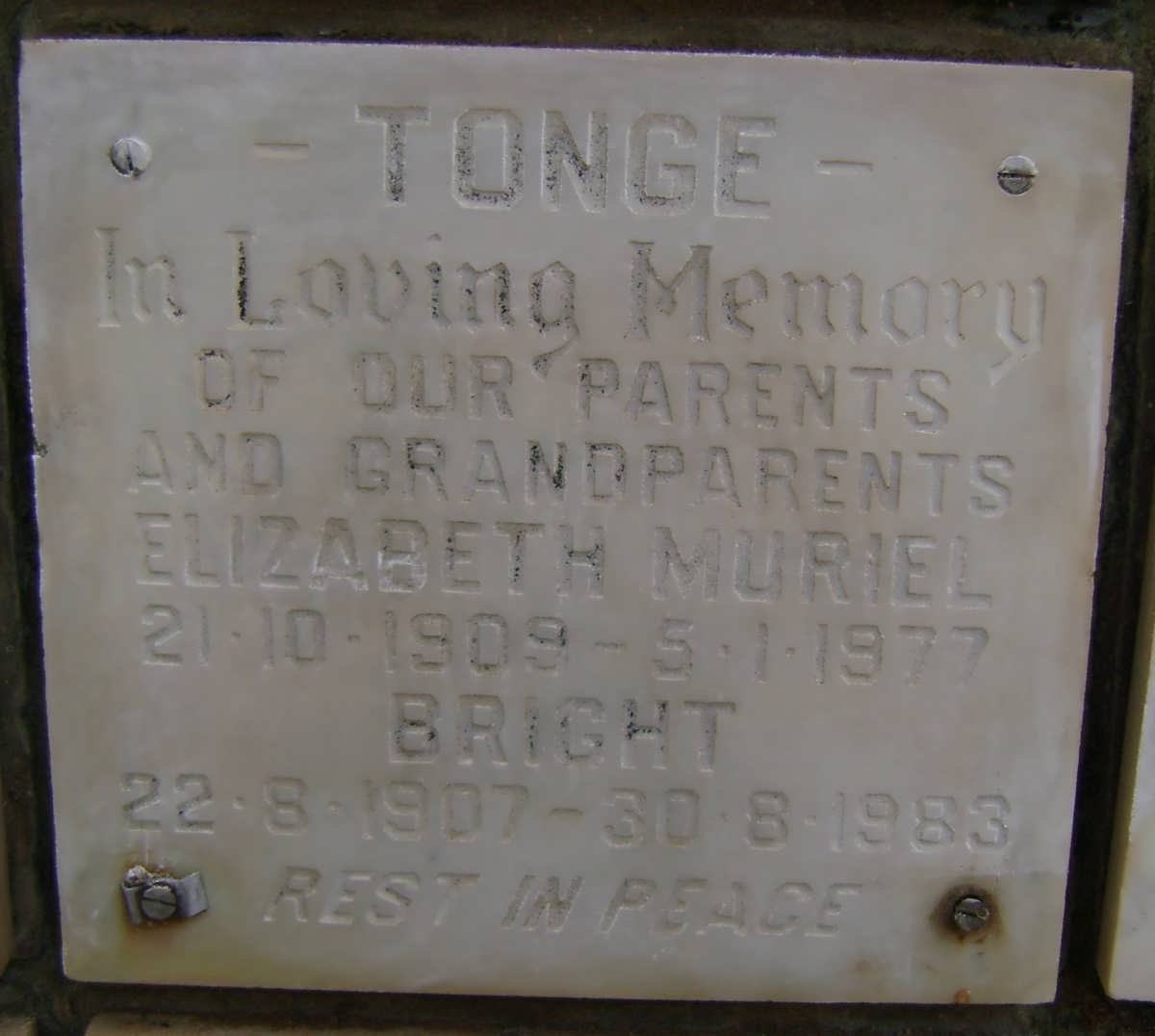 TONGE Bright 1907-1983 &amp; Elizabeth Muriel 1909-1977