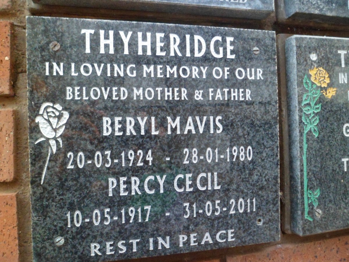 THYHERIDGE Percy Cecil 1917-2011 &amp; Beryl Mavis 1924-1980