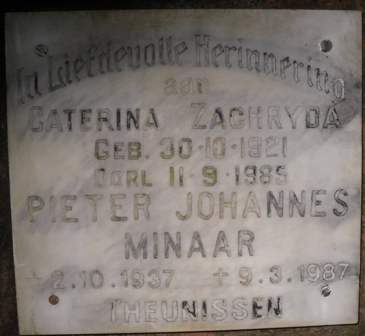THEUNISSEN Pieter Johannes Minaar 1937-1987 &amp; Caterina Zachryda 1921-1985