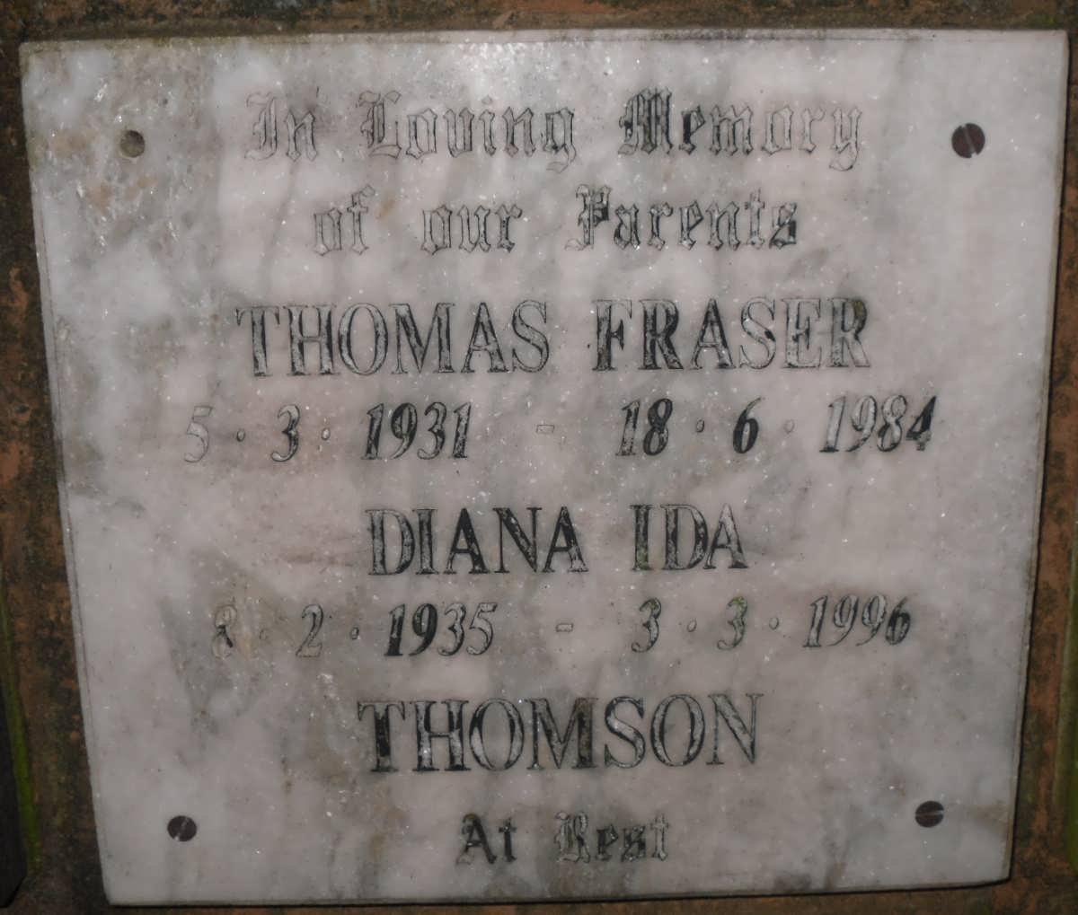 THOMSON Thomas Fraser 1931-1984 &amp; Diana Ida 1935-1996