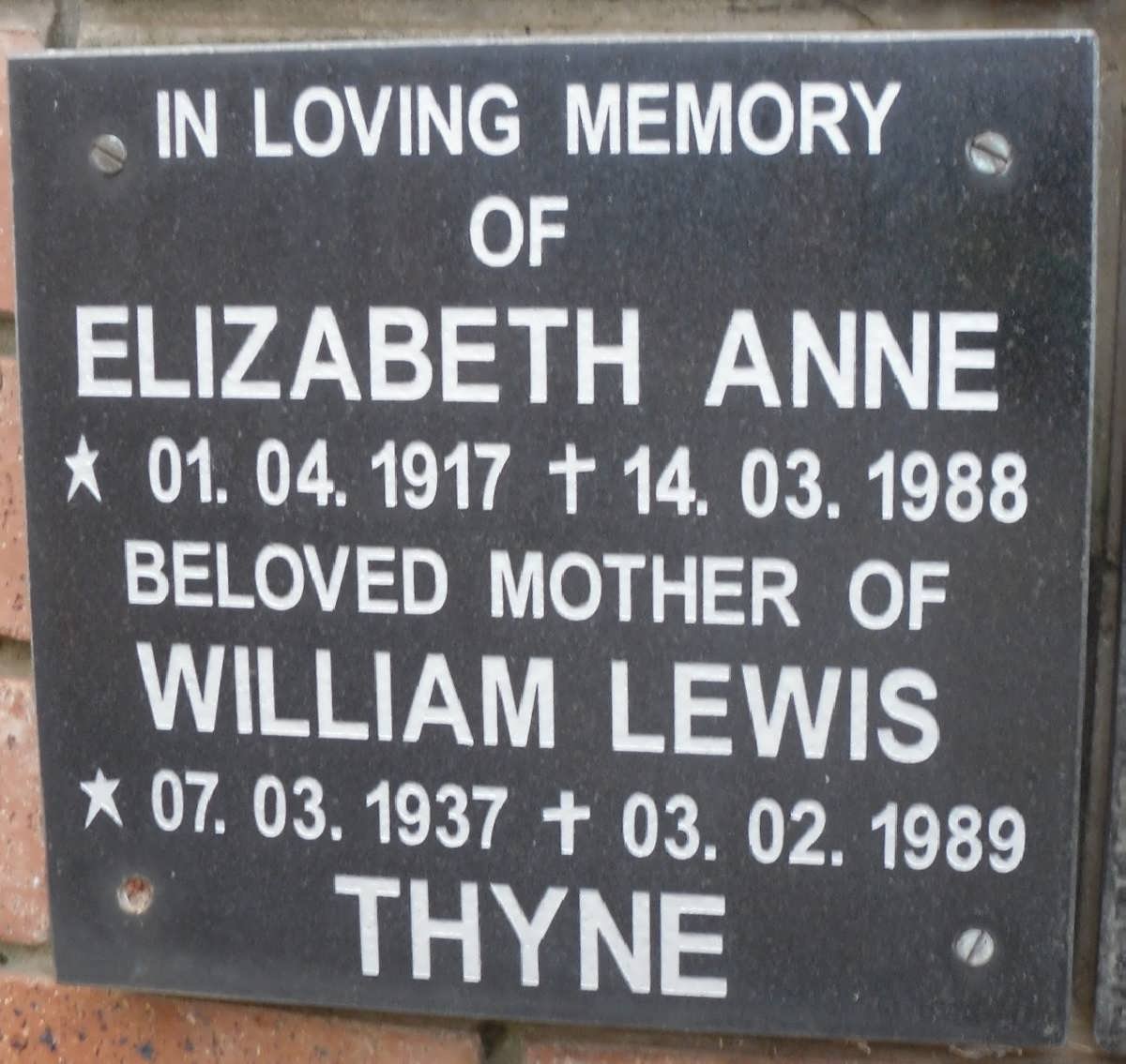 THYNE William Lewis 1937-1989 &amp; Elizabeth Anne 1917-1988