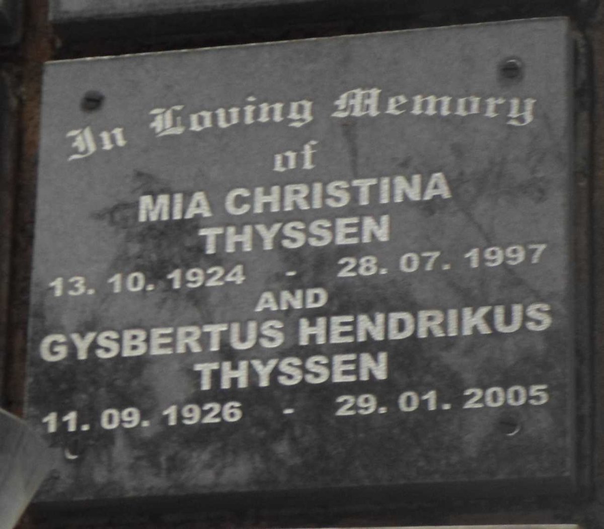 THYSSEN Gysbertus Hendrikus 1926-2005 &amp; Mia Christina 1924-1997