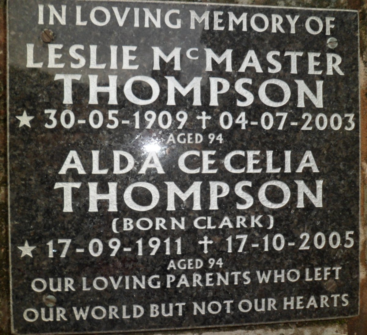 THOMPSON Leslie McMaster 1909-2003 &amp; Alda Cecelia CLARK 1911-2005