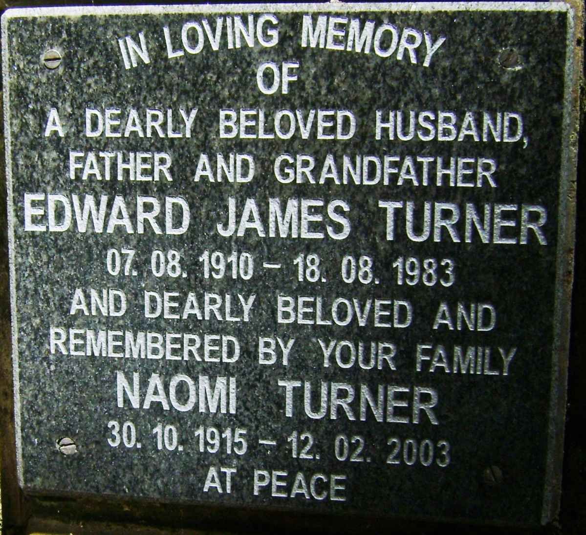 TURNER Edward James 1910-1983 &amp; Naomi 1915-2003