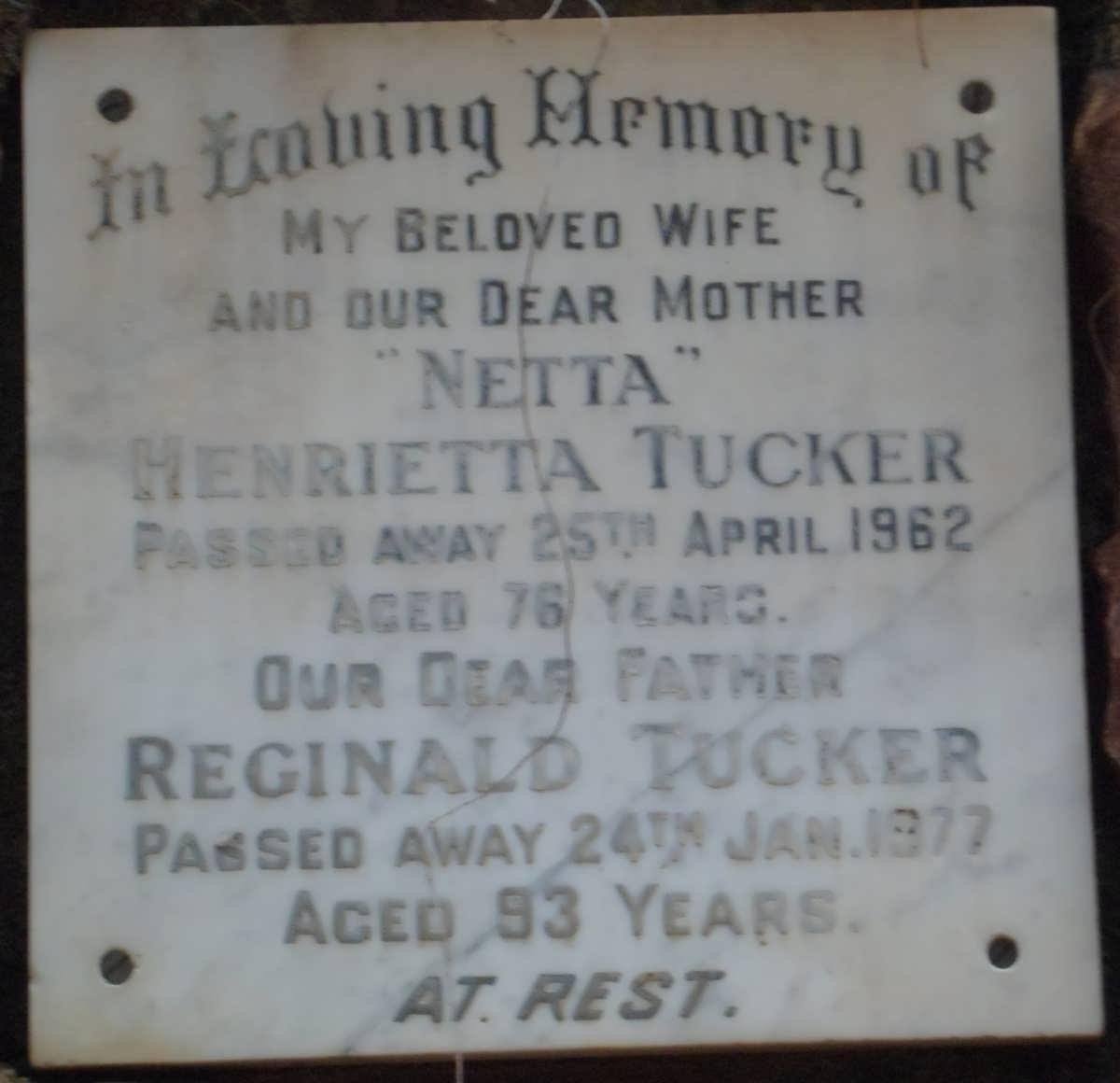 TUCKER Reginald -1977 &amp; Henrietta -1962
