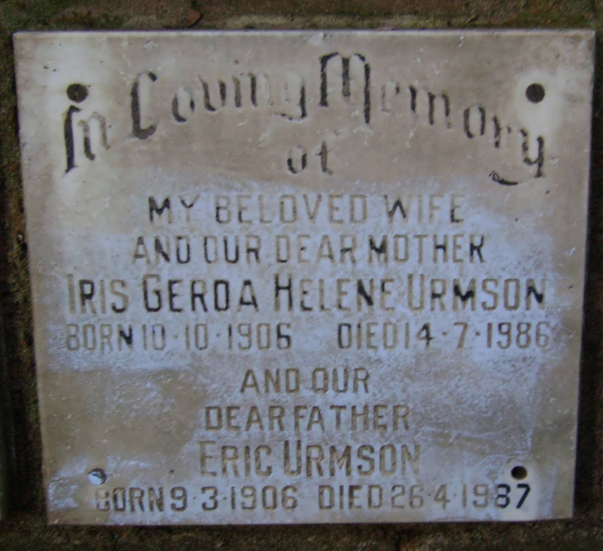 URMSON Eric 1906-1987 &amp; Iris Gerda Helene 1906-1986