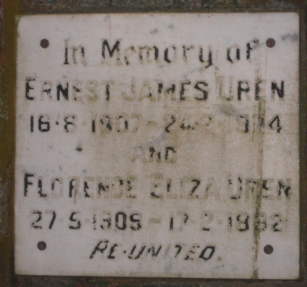 UREN Ernest James 1907-1974 &amp; Florence Eliza 1909-1982