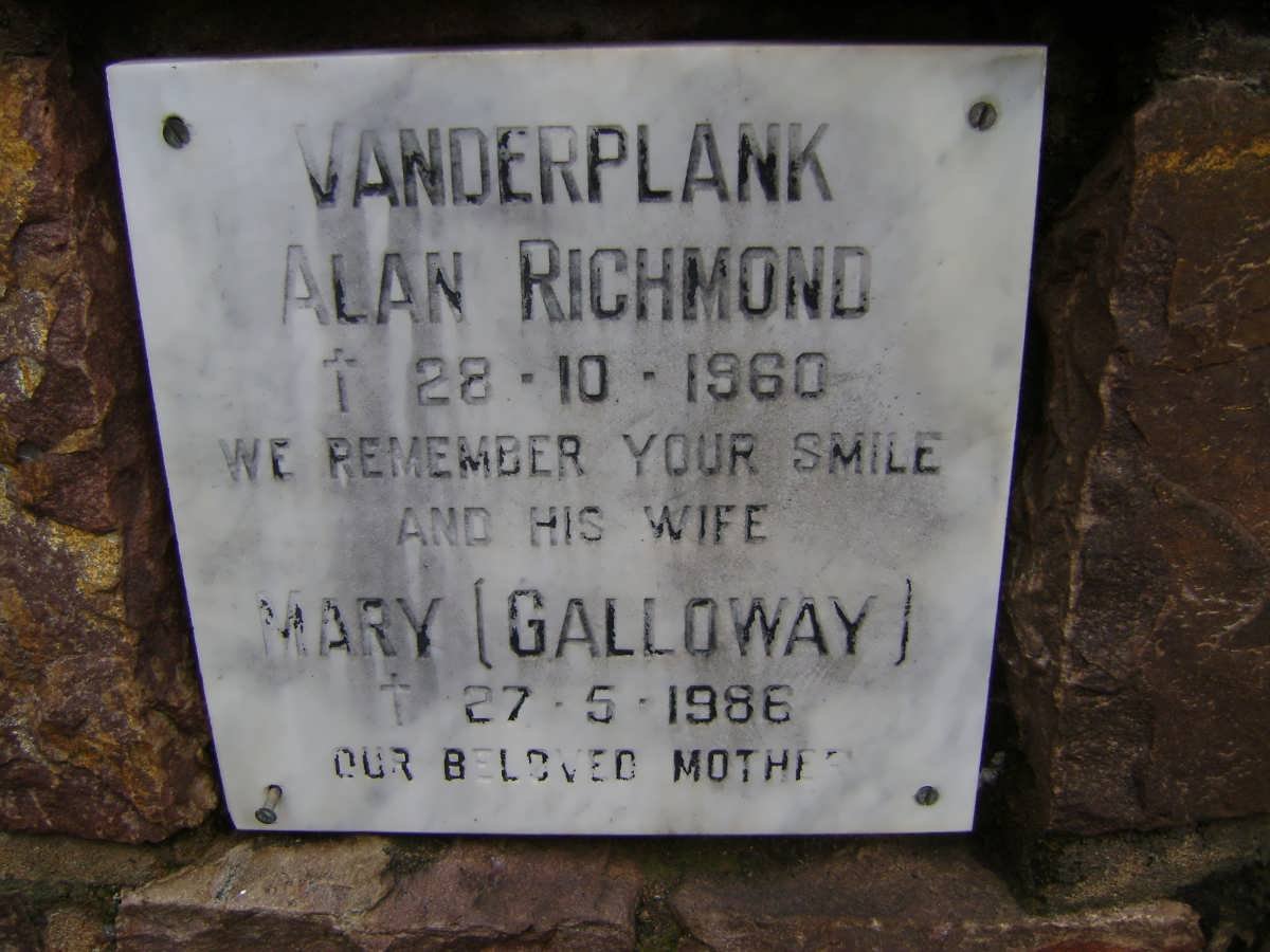 VANDERPLANK Alan Richmond -1960 &amp; Mary GALLOWAY -1986