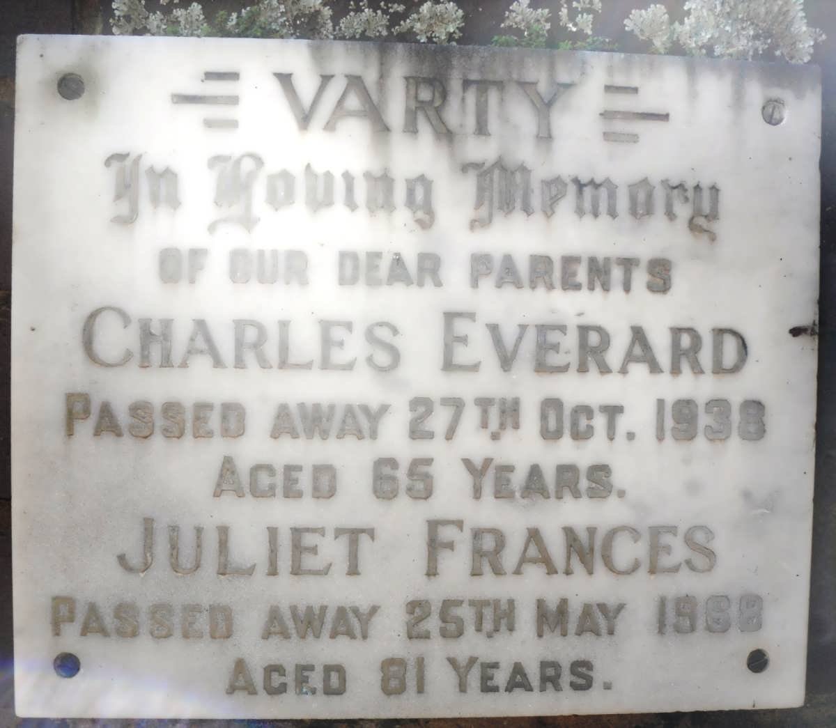 VARTY Charles Everard -1938 &amp; Juliet Francis -1968