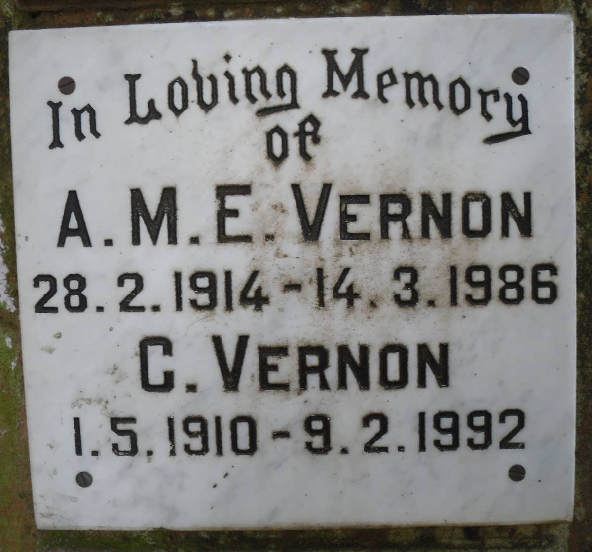 VERNON C. 1910-1992 :: VERNON A.M.E. 1914-1986