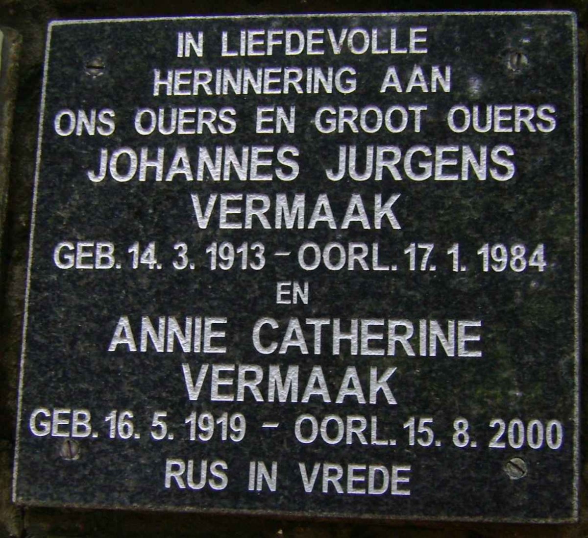 VERMAAK Johannes Jurgens 1913-1984 &amp; Annie Catherine 1919-2000
