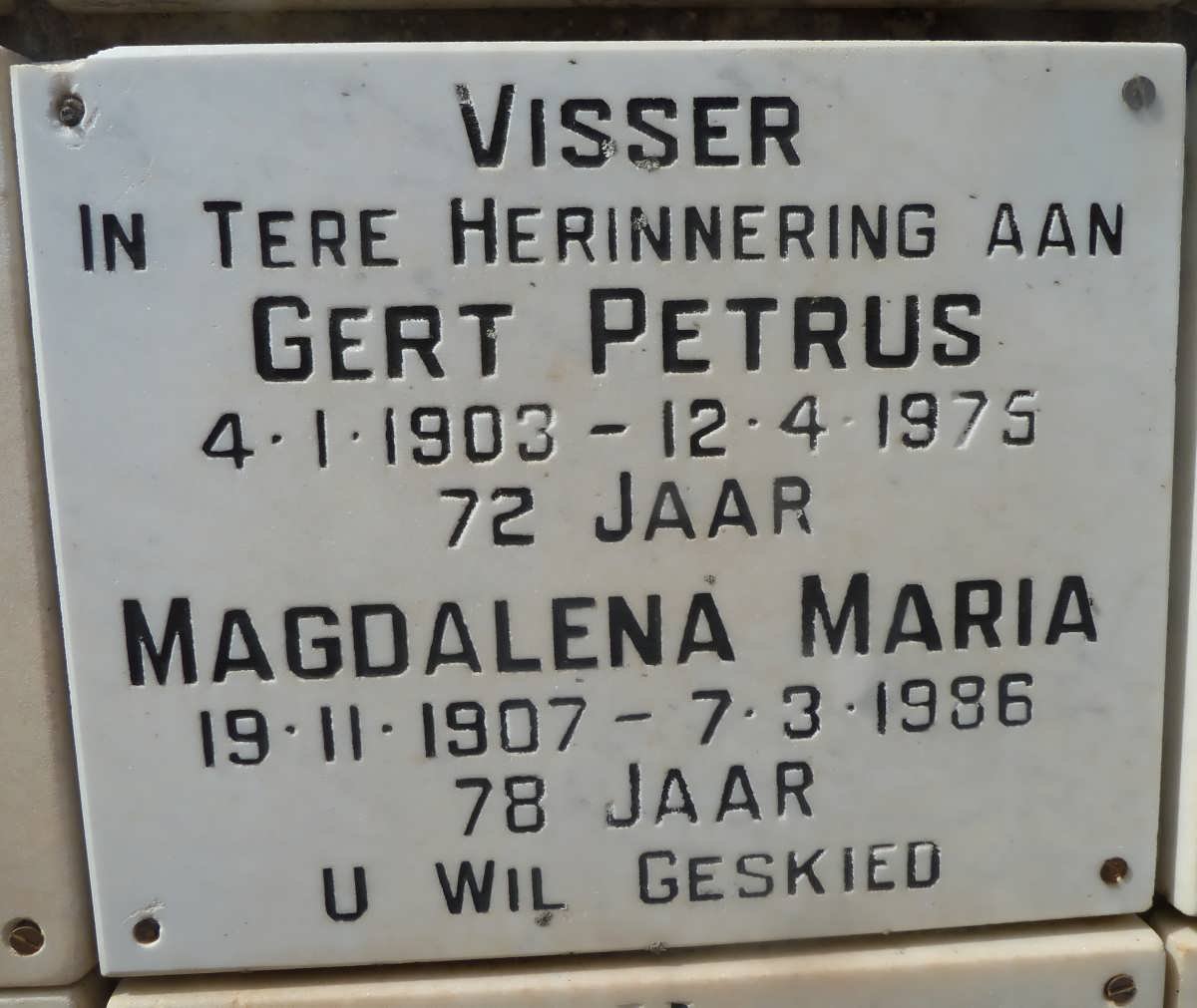 VISSER Gert Petrus 1903-1975 &amp; Magdalena Maria 1907-1986