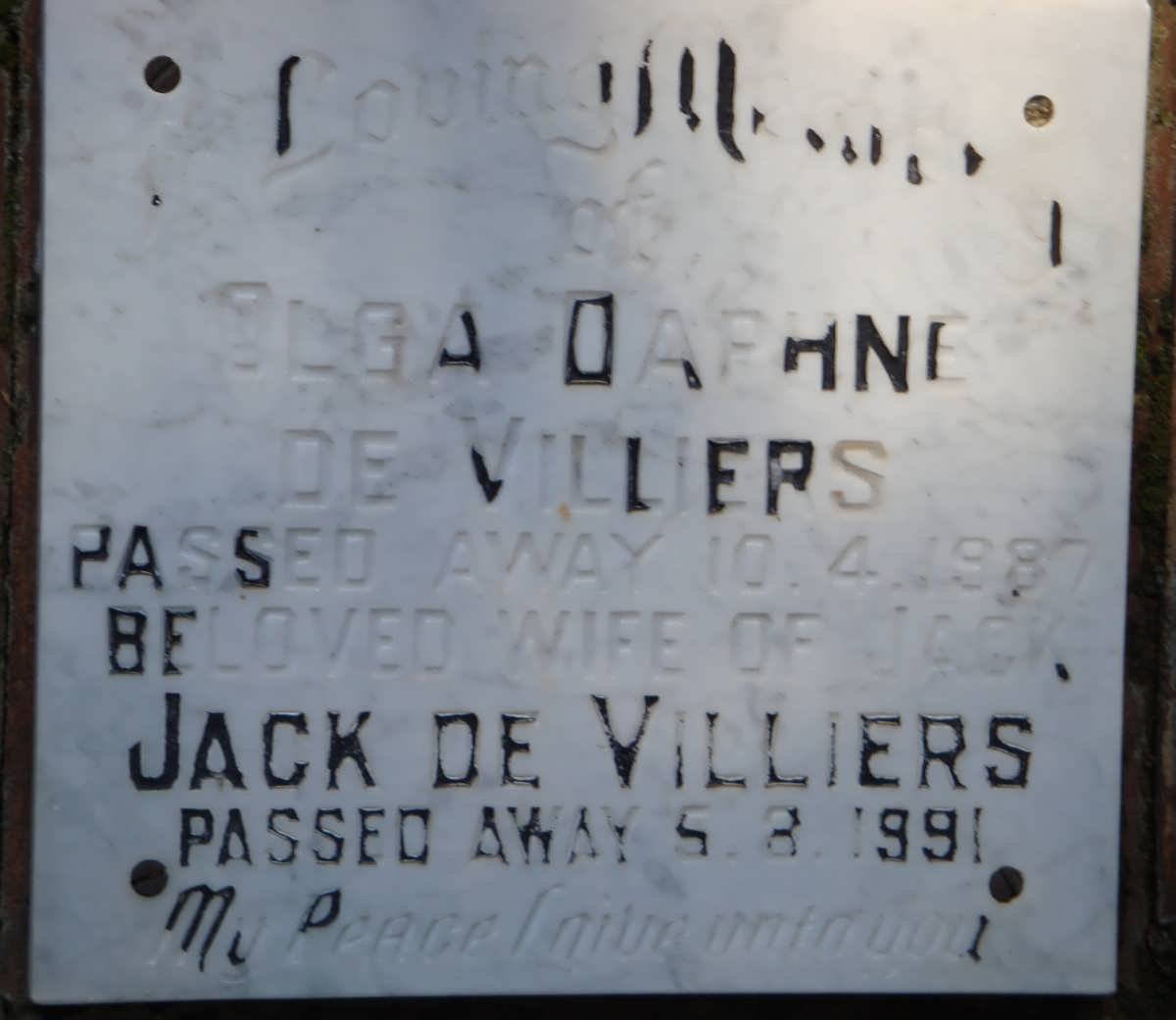 VILLIERS Jack, de -1991 &amp; Olga Daphne -1987